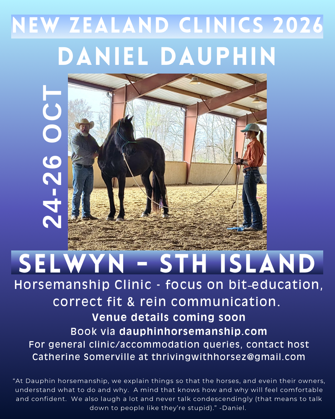 Oct 24-25 Selwyn, NZ (South Island) Small Group Clinic Days